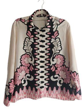 NWOT Zara Floral Print Satin Effect Shirt Ecru and Pink Colorway Sz M